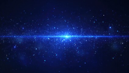 Deep space, filled with shimmering blue particles and a central light beam, displays a vibrant cosmic scene.