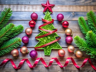 Minimal Christmas Tree Made of Pink Satin Ribbon with Festive Decoration