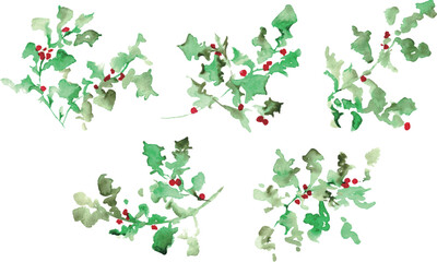 水彩画。水彩タッチの12月のクリスマスリース。ヒイラギのクリスマスベクターイラスト。