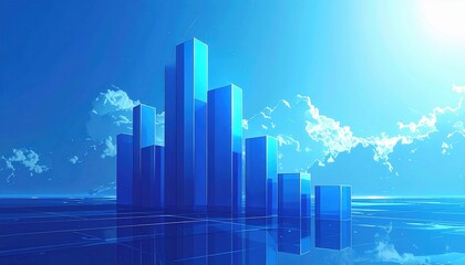 Obraz premium A digital illustration showcases a series of vibrant, translucent blue rectangular forms rising against a serene sky, suggesting growth or progress.