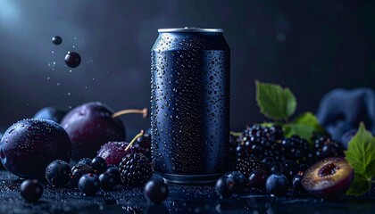 A sleek black beverage can with condensation, surrounded by fresh plums, blueberries, and blackberries.