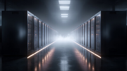 Futuristic Data Center with Server Racks in a Gapped Aisle Illuminated by Soft Light and Surrounded by a Mysterious Fog