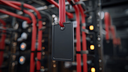 Conceptual Image of Black Backup Signage Hanging from Red Cables in Industrial Setting with Gapped Airflow Design