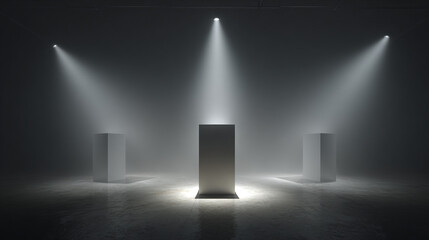Dramatic Three Pedestals in a Dimly Lit Space with Central Gap Highlighted by Soft Light Beams