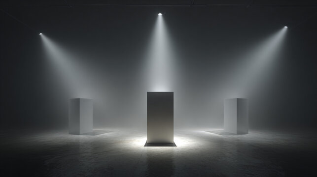 Dramatic Three Pedestals in a Dimly Lit Space with Central Gap Highlighted by Soft Light Beams