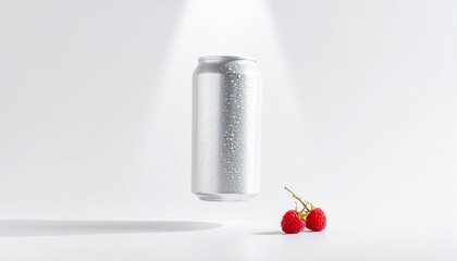 A cold, blank aluminum beverage can with condensation levitates under a spotlight next to two red berries on a white background.