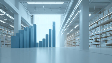 Modern warehouse interior showcasing a 3D bar chart representing growth and success in enterprise operations amidst organized shelves