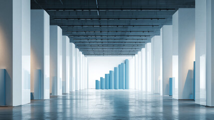 Modern Aisle with Bar Chart Wall Graphics Depicting Growth Metrics in a Minimalist Enterprise Space