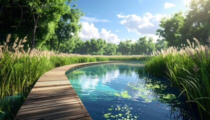 A serene wooden boardwalk winds along a tranquil river through lush greenery under a partly cloudy sky