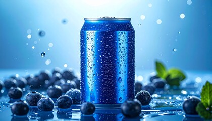 A cold blue aluminum beverage can covered in condensation, surrounded by fresh blueberries, mint, and water splashes.
