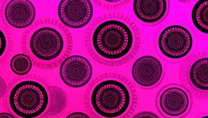 Abstract repeating pattern of concentric circles in fuchsia, black, and gray