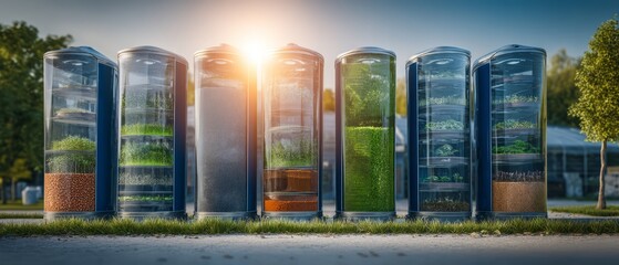 Innovative Vertical Gardens in Transparent Containers at Sunset
