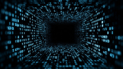 Abstract Digital Tunnel with Binary Code Light Pattern in Blue Colors and Black Background for Tech Conceptual Imagery