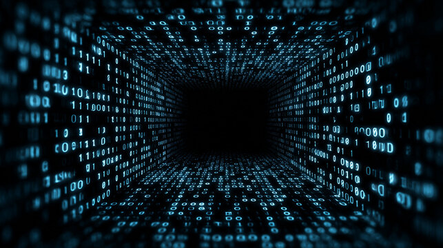 Abstract Digital Tunnel with Binary Code Light Pattern in Blue Colors and Black Background for Tech Conceptual Imagery