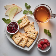 Donor diet Before Donating Blood: crackers, dark berry jam, fresh raspberries and slices of apple on the heart-shaped white plate and  A clear glass mug of amber-colored tea.