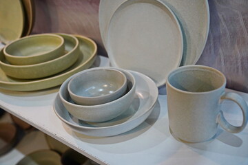 Different ceramic dishes. Sale of dining items.