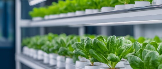 Indoor Hydroponic Farm with Fresh Green Lettuce Growing in Trays