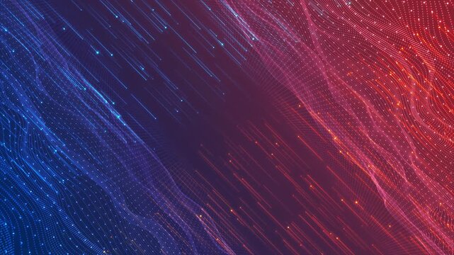Animation of diagonal red blue light flares combined with flowing plexus waves, creating a high-tech visual for futuristic themes, sci-fi concepts, digital networks, or abstract backgrounds.