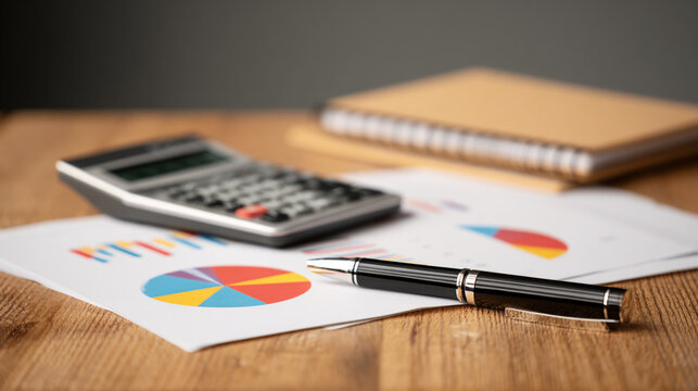 Calculator and pen on wooden desk displaying colorful pie charts and documents for financial analysis and business report preparation