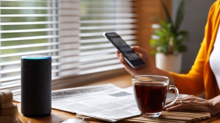 Woman using smartphone with smart speaker and coffee on table