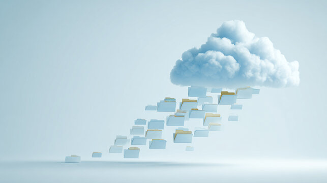 Abstract representation of cloud migration with folders leaving a cloud, symbolizing data transfer and organization in a digital environment