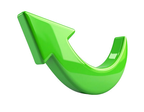 3D plastic cartoon-style green arrow isolated on transparent background and white background 