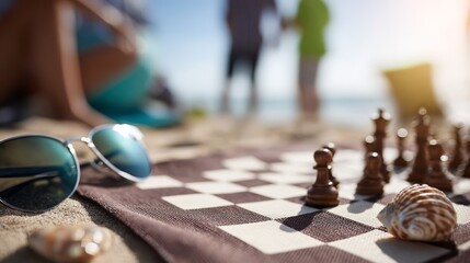 Chess Game on Beach with Sunglasses and Seashells in Sunshine