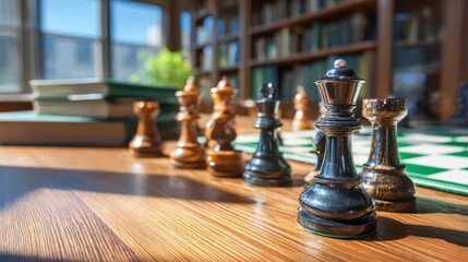 Elegant Chess Pieces on a Wooden Board in a Bright Room