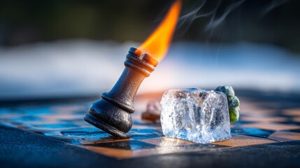 Chess Piece on Fire Next to Ice Cube on Checkerboard Surface
