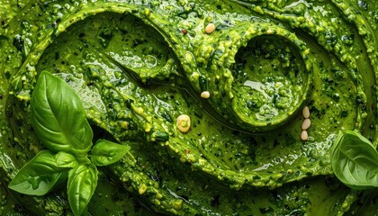 Close-up of vibrant green pesto, swirled patterns, fresh basil