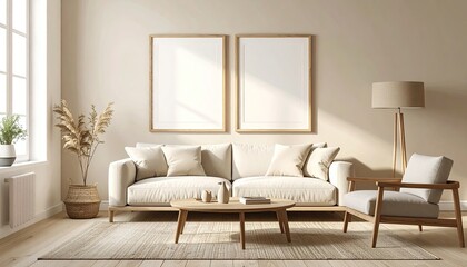 Beige living room with framed art