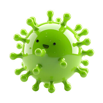 3D plastic cartoon style bacteria icon, glossy green cartoon germ shape with shiny on transparent background and white background 