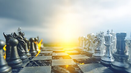 Dynamic Chess Game with Dramatic Lighting and Fiery Elements