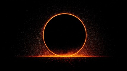 A glowing orange circle surrounded by sparks on a dark background with a horizon line below it