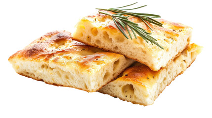 Stacked focaccia bread with rosemary sprigs isolated on a transparent background