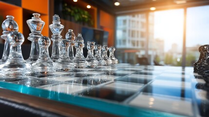 Glass chess pieces on a modern chessboard in a bright office space