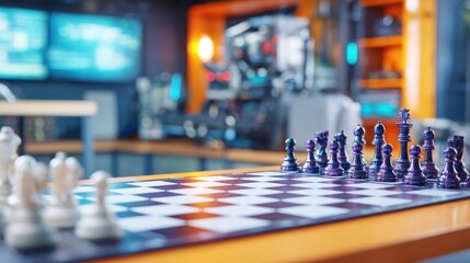 Chess Game in Modern Workspace with Strategic Elements