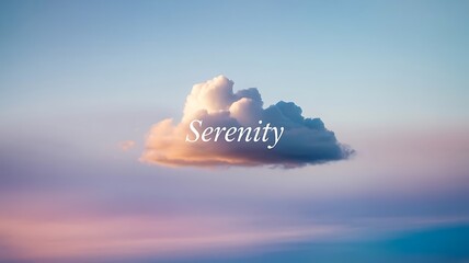 A serene cloudscape with soft colors and the word serenity in the center