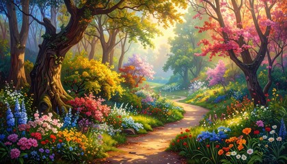 A sun-drenched forest path winds through a vibrant explosion of colorful flowers and trees, bathed in a warm, idyllic light.