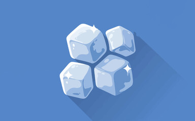 Four shiny ice cubes with long shadows on a blue background in a flat design style.