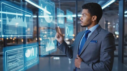 Young Business Professional Analyzing Data on Futuristic Transparent Interface Inside Modern Office Building with Nighttime Cityscape Seen Through Windows 4k video - Powered by Adobe