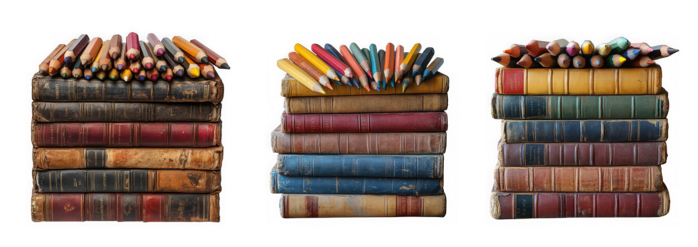 Stacks of vintage books topped with colorful pencils isolated on transparent background create a whimsical and educational still life composition for creative projects