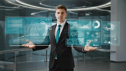 Futuristic Businessman Presenting Data on Virtual Screens Innovating the Future of Global Business and Corporate Technology Analytics 4k video - Powered by Adobe