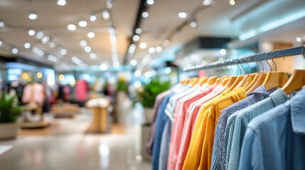 Defocused clothing section in department store, abstract blur with racks and hangers, soft bokeh, bright modern retail interior, large empty space for advertising or website content.