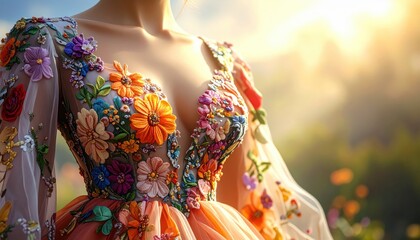 A vibrant, colorful, embroidered gown with floral designs catches the warm sunlight.