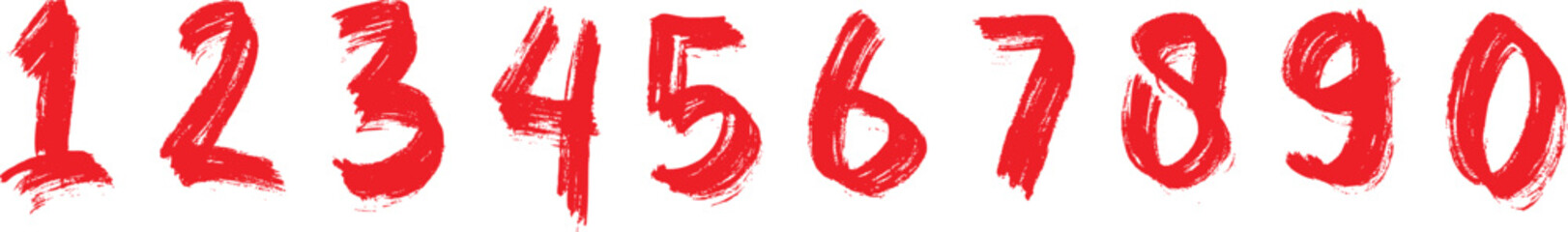 Hand-painted red numbers 1 to 0 in a bold brushstroke style. The digits look artistic, energetic, and expressive. Great for creative posters, art projects, or unique designs.