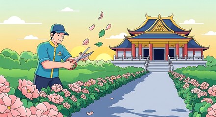 Gardener pruning flowers.