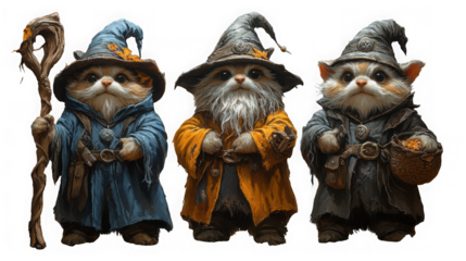 Three adorable kittens dressed as wizards, one holding a staff, isolated on transparent background each kitten has a unique robe and hat, showcasing their magical attire