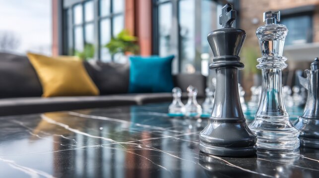 Chess Pieces on Marble Table in Modern Living Room Setting