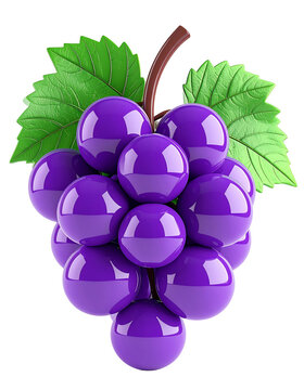 3D plastic cartoon style bunch of grapes icon, glossy purple plastic sphere on transparent background and white background 